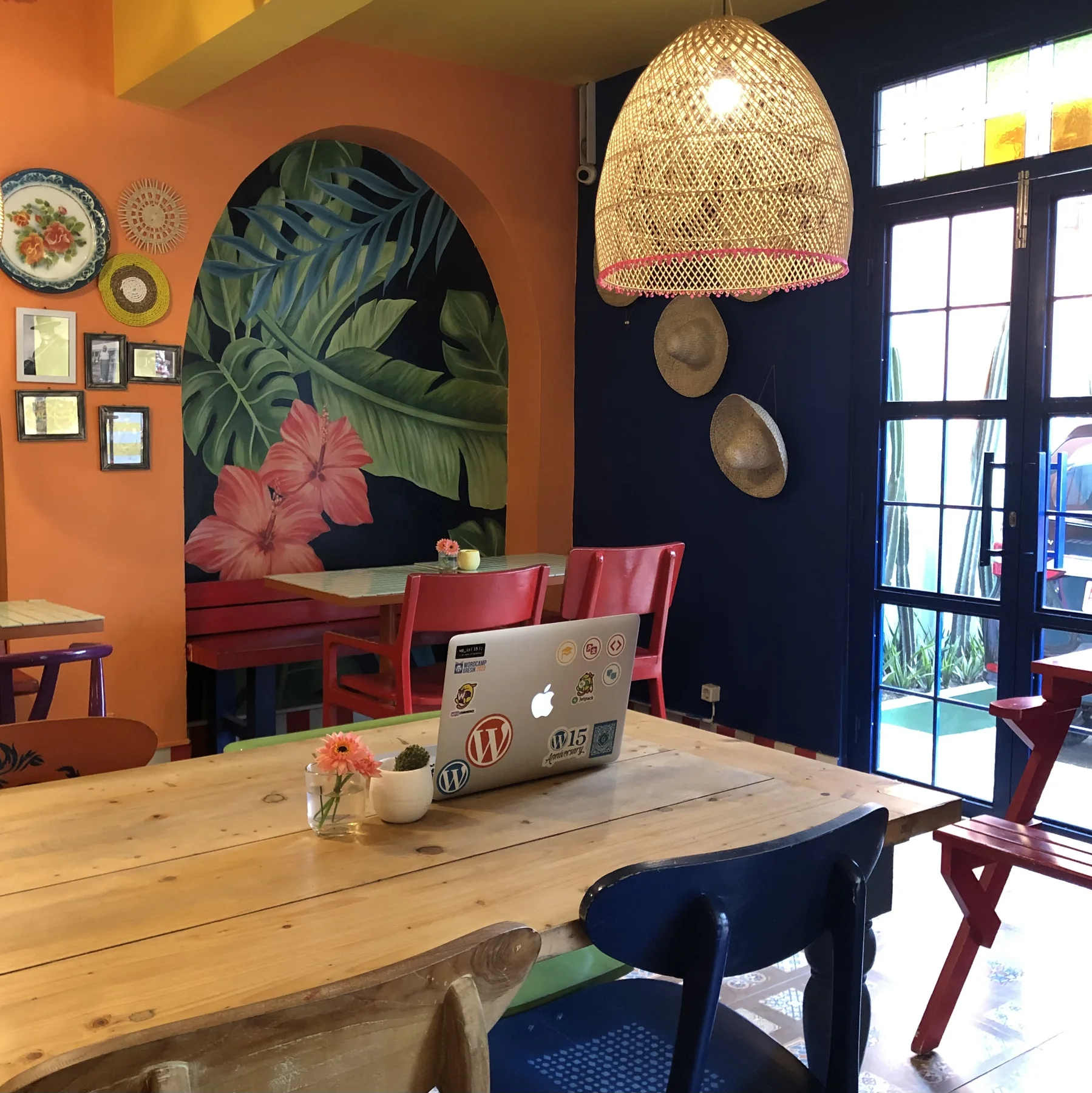 Representative colorful local café workspace
